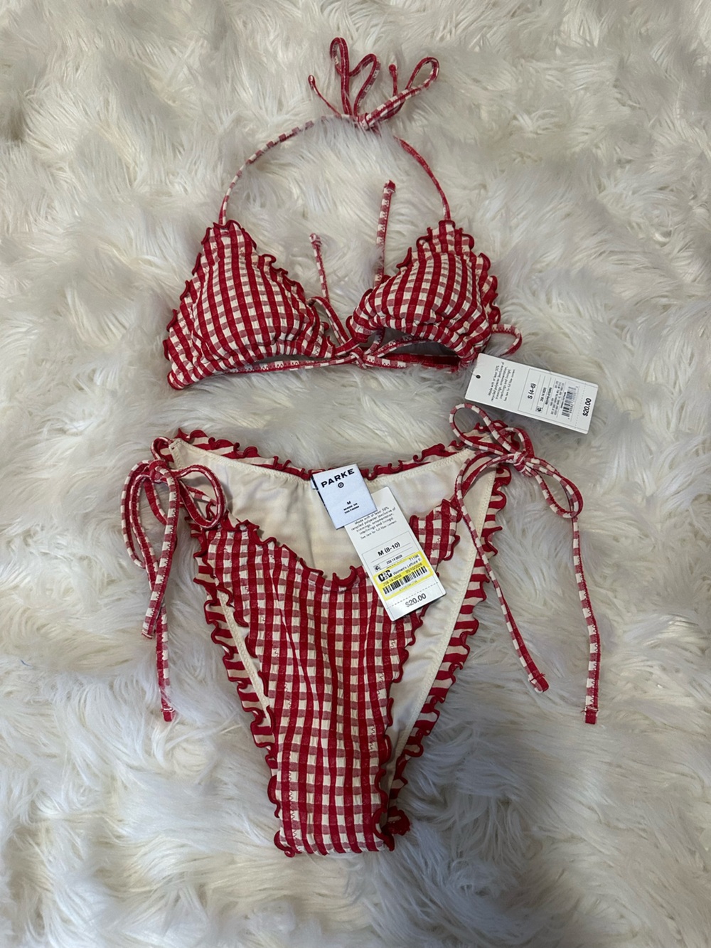 NWT PARKE Red Gingham bikini set top Small Bottom medium